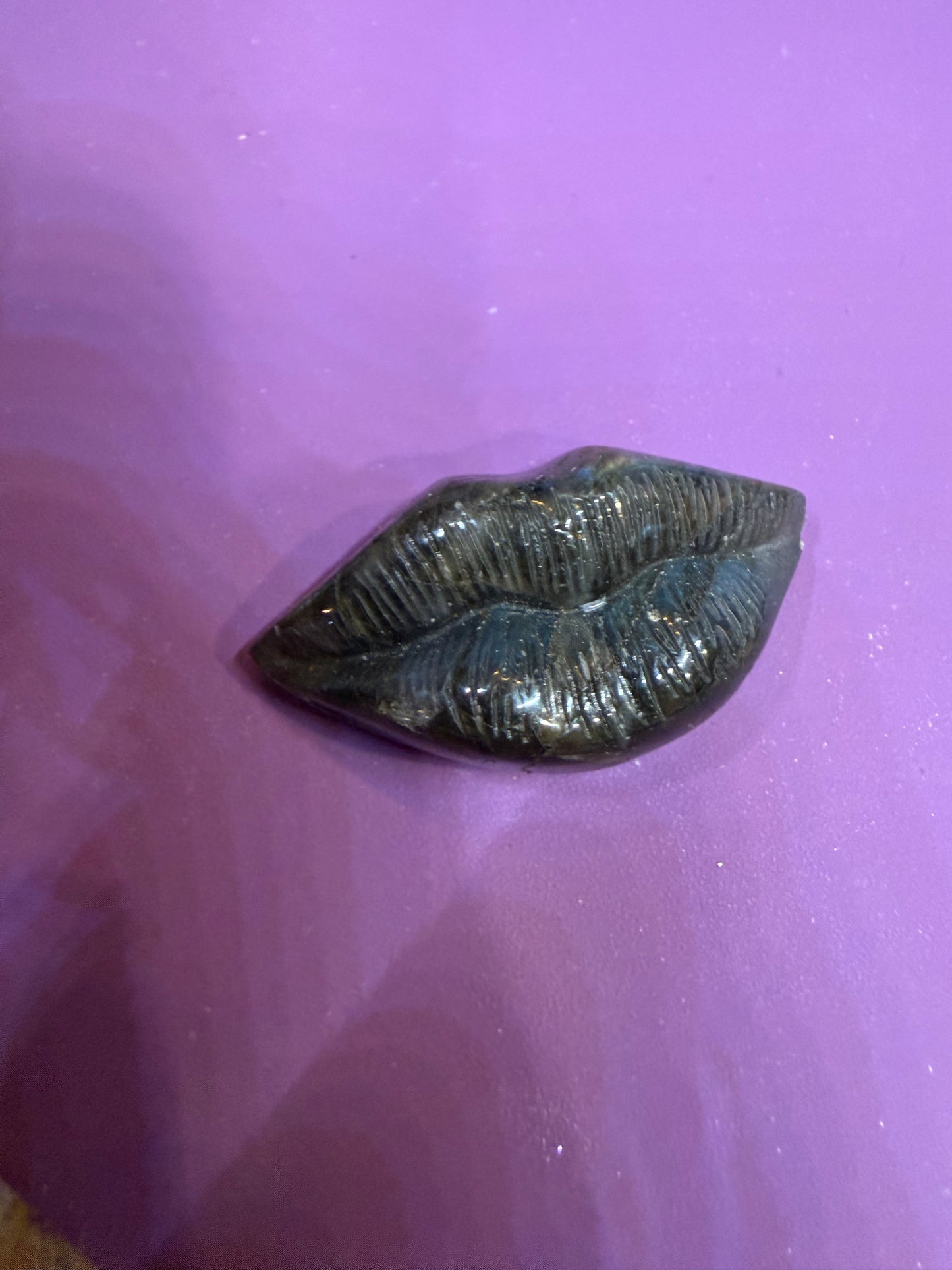 Labradorite carved lips. Flash only on bottom